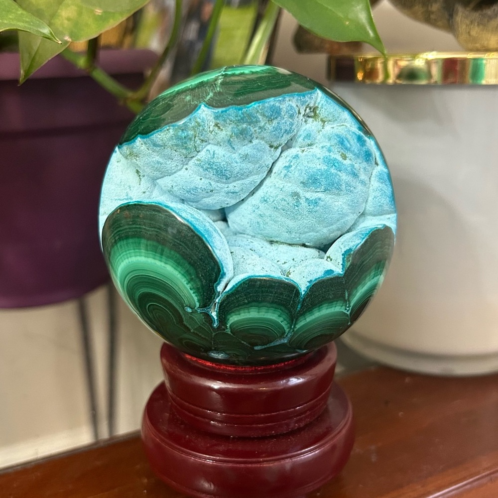Rare 2lb Malachite and Chrysocolla Sphere with Druzy